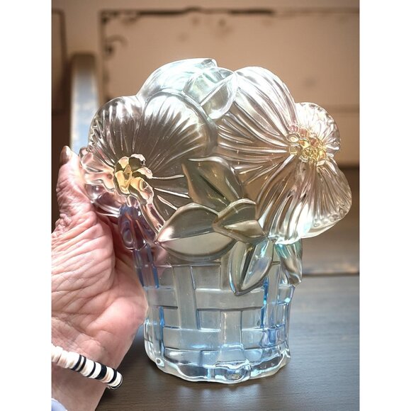 Glass Flower Basket Shaped Dish Bowl Mother's Day Gift Pastel Pink & Blue Gradie - Picture 1 of 4